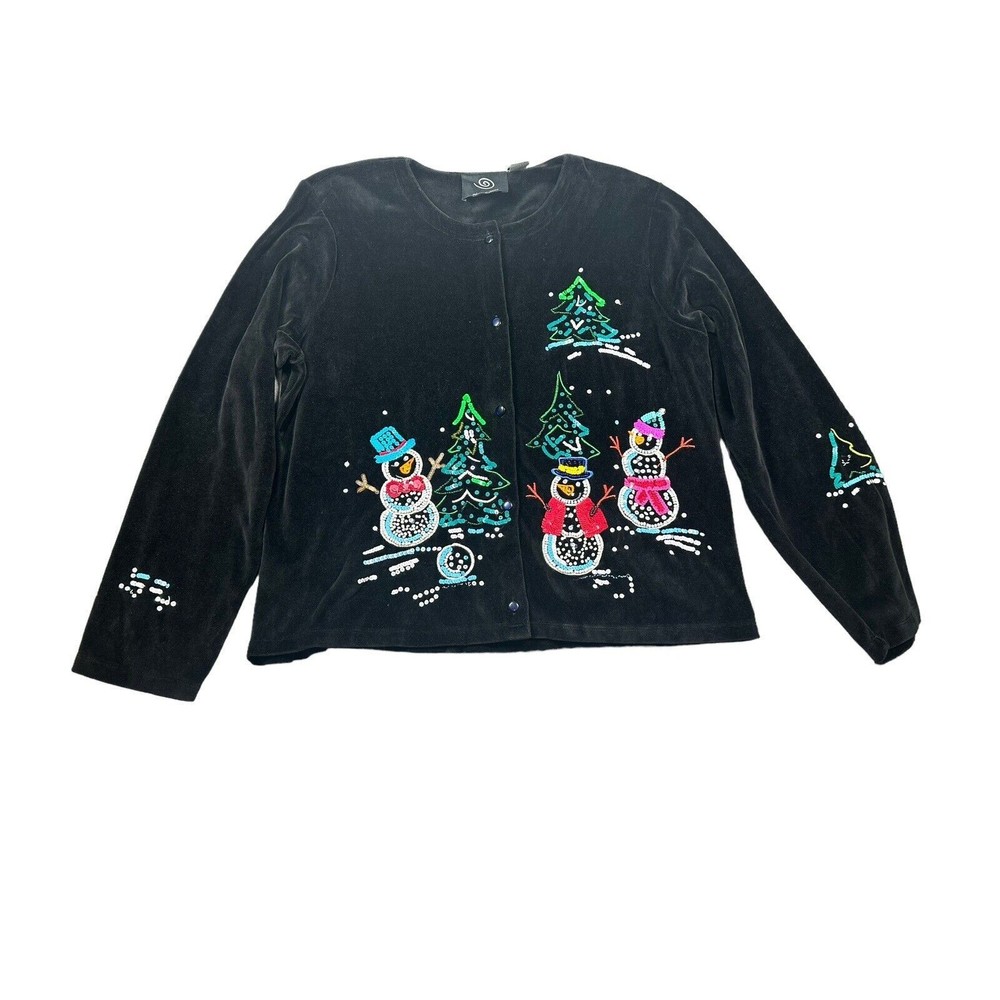 Michael Simon Event Snowman Ugly Christmas Sweater Sequin XL Black - READ